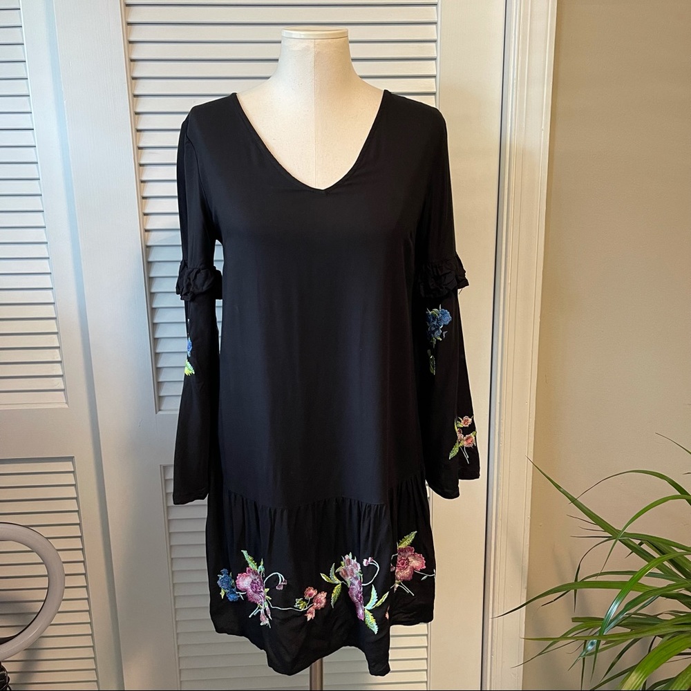 ASOS Black Long Sleeve Floral Embroidery Dress